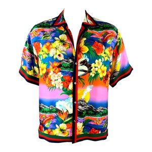 GUCCI Multi Color Floral Silk Ribbon Trim Button Up Short Sleeve Shirt